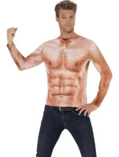 Mens Realistic Muscle Top, With Long Sleeves Costume